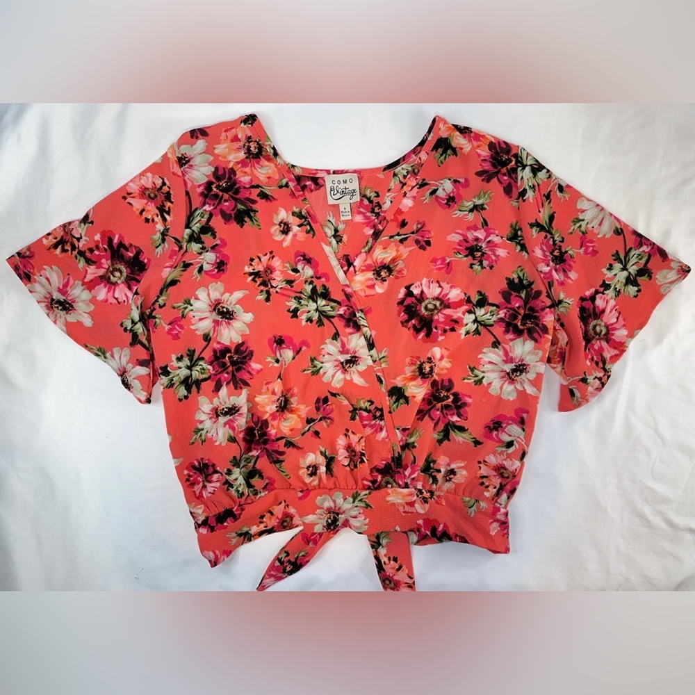 Como Vintage Floral Crop Top Shirt Blouse